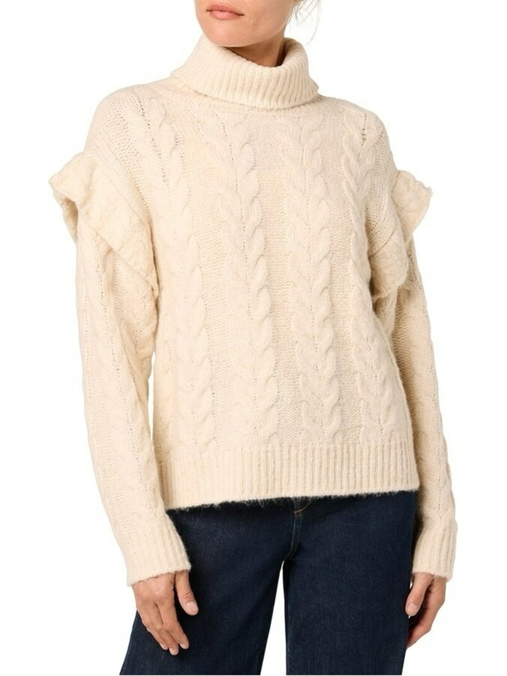 NWT Joe’s Jeans Turtleneck Sweater Ruffle Cable Knit Ivory Cream Small New